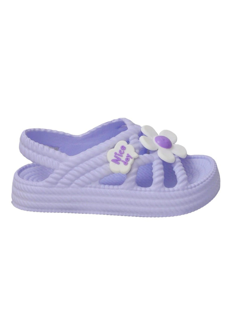Side View of Yellow Bee Purple Children's Clogs with Flowers