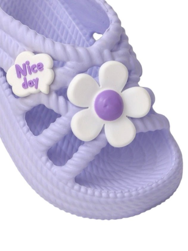 Close-Up of Yellow Bee's Kids' Purple Floral Sandals