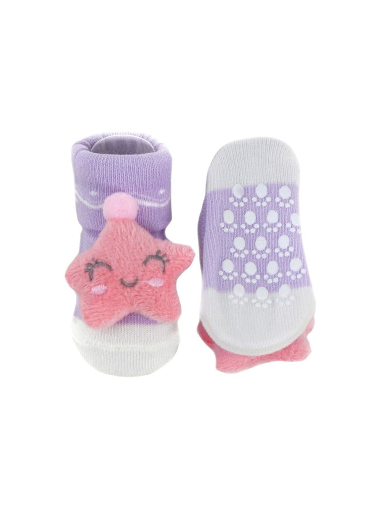 Front and back view of purple baby booties with a 3D pink star, showcasing their design and comfort for infants.