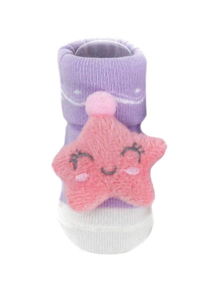 Close-up view of purple baby booties with a 3D pink star design, perfect for newborns and infants.