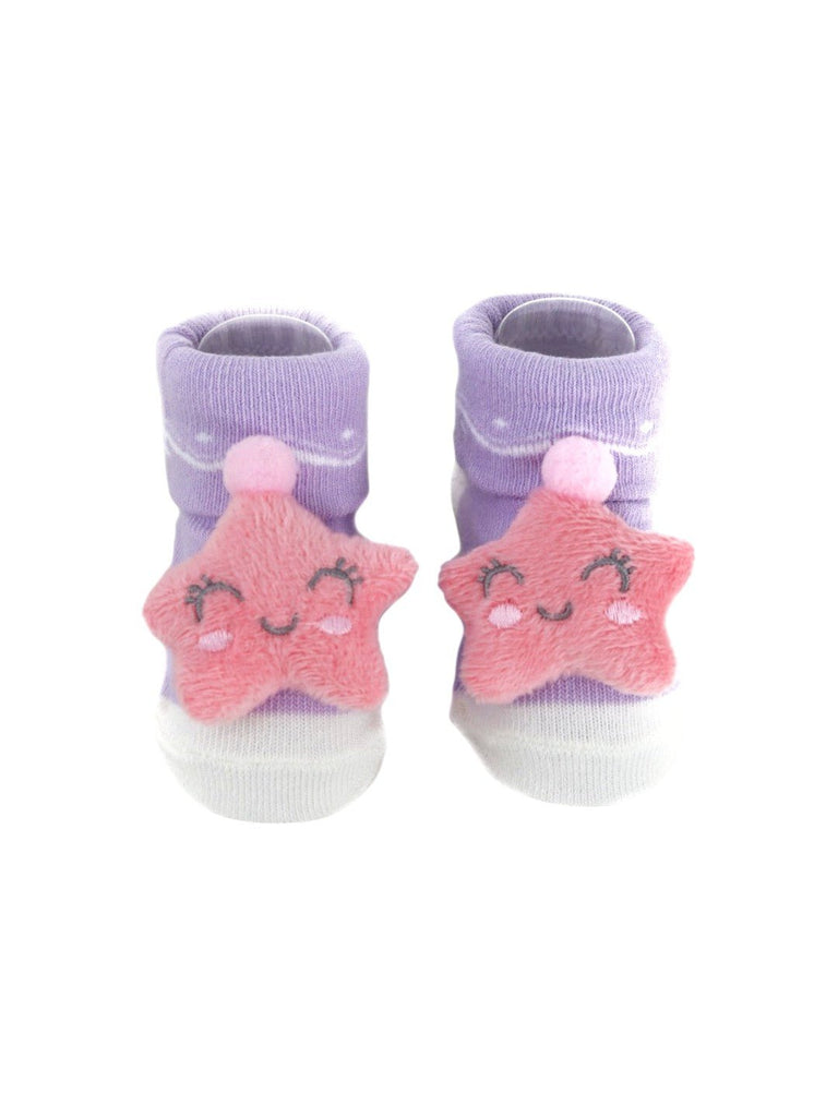 Top view of purple baby booties featuring a charming 3D pink star, perfect for baby girls and newborns.