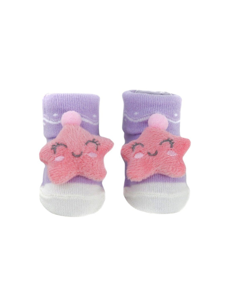 Front view of purple baby booties with a cute 3D pink star design, ideal for keeping baby feet cozy.