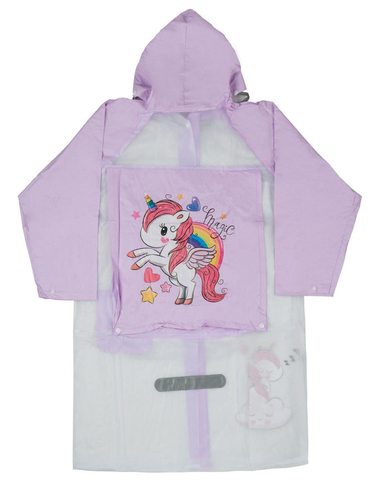 Back view of the Yellow Bee Purple Dream Unicorn Raincoat for Girls showing school bag space.