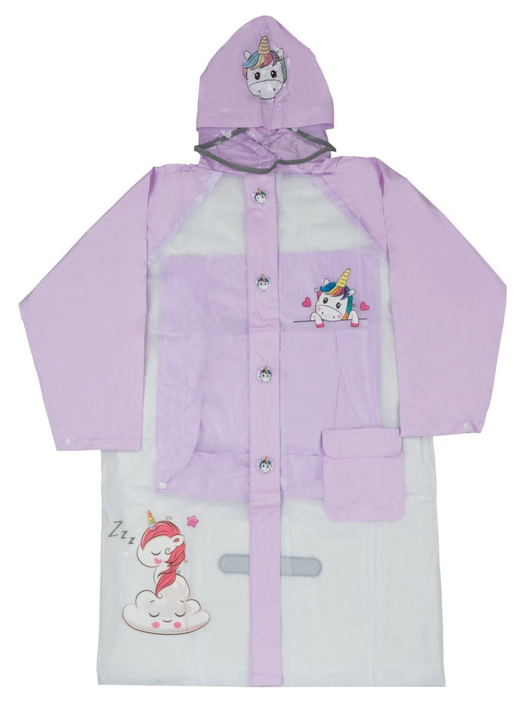 Front view of the Yellow Bee Purple Dream Unicorn Raincoat for Girls with school bag space.