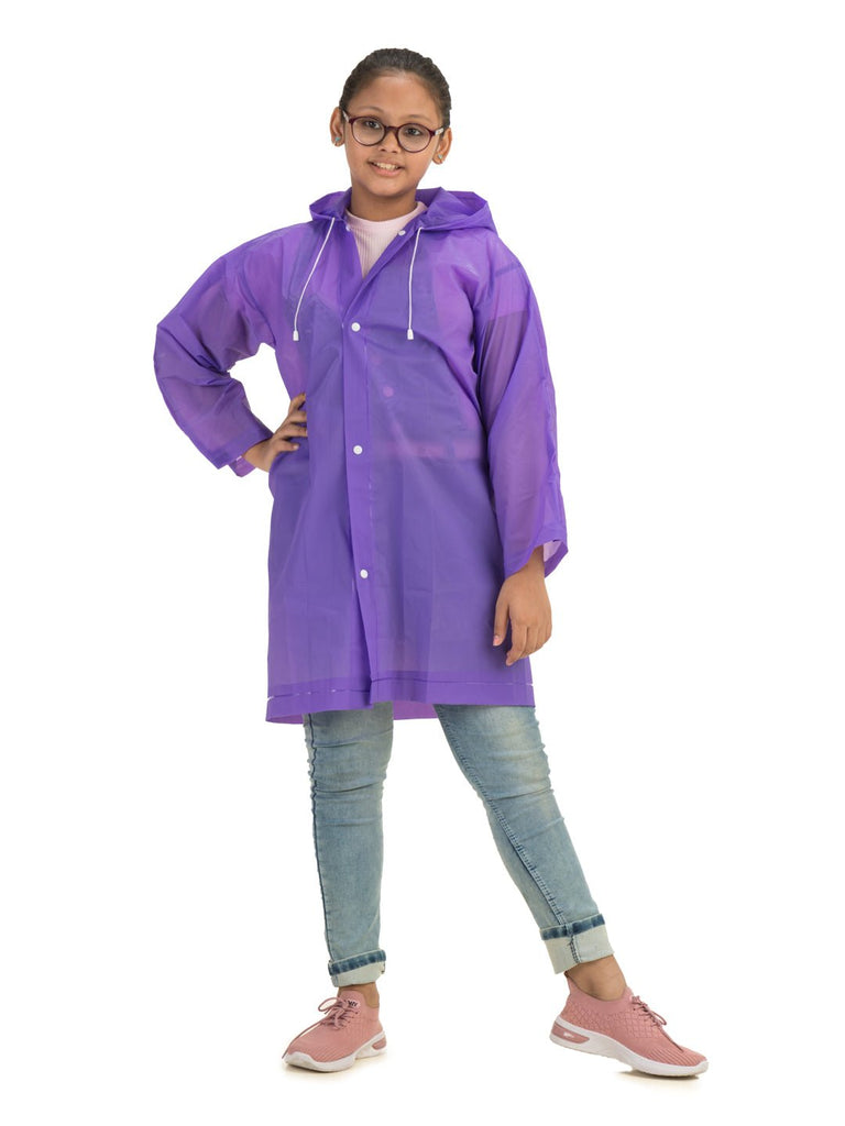 yellow bee purple splash waterproof hooded raincoat for girls front view.