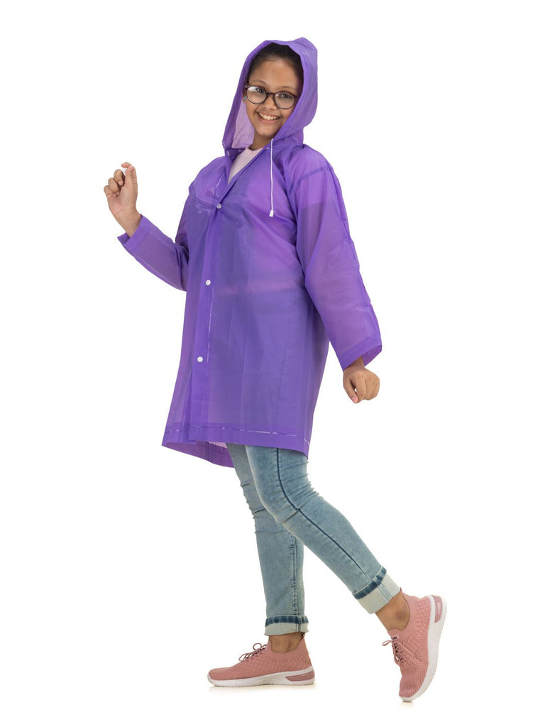 yellow bee purple splash waterproof hooded raincoat for girls side angle view.