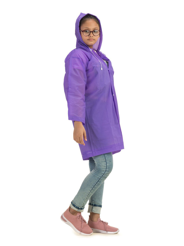 yellow bee purple splash waterproof hooded raincoat for girls side view.