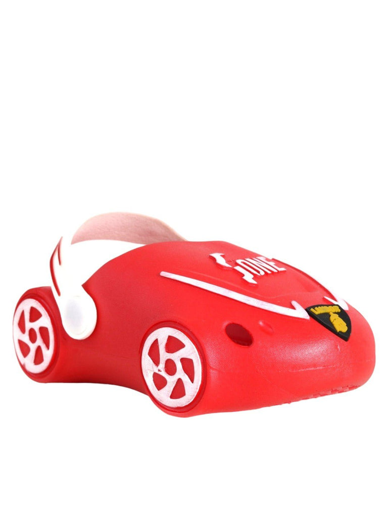 Dynamic Side View of Red Kids' Car Clogs with Cool Racing Details