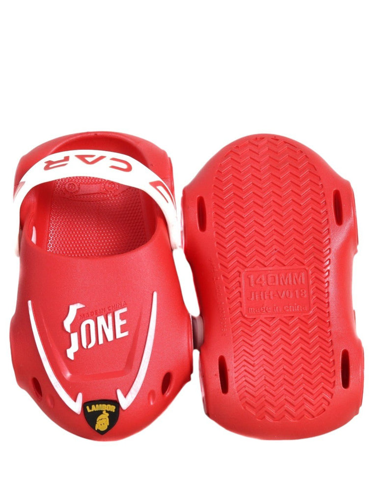 Top and Sole View of Kids' Red Racing Car Clogs with Anti-Slip Design