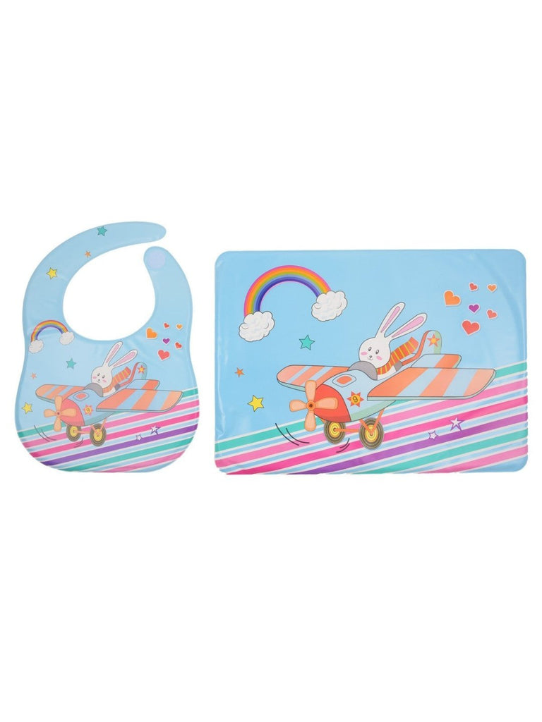 Complete view of the Yellow Bee Feeding Bib with Mat featuring the Flying Bunny Print, perfect for children 1-6 years old.
