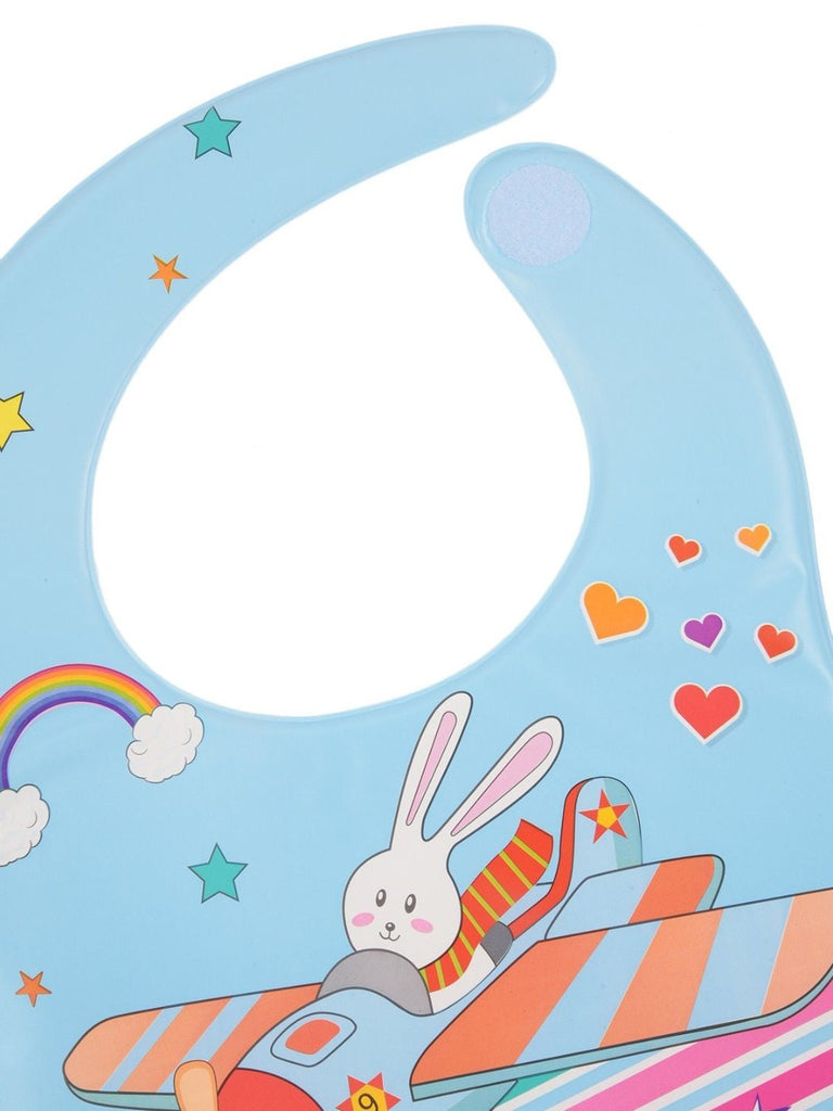 Top view of the Yellow Bee Feeding Bib with Mat in the Flying Bunny Print, displaying the spacious mat area.