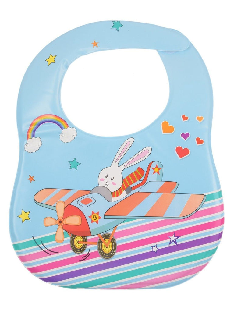 Detailed view of the mat design on the Yellow Bee Feeding Bib with Flying Bunny Print, illustrating the engaging graphics.
