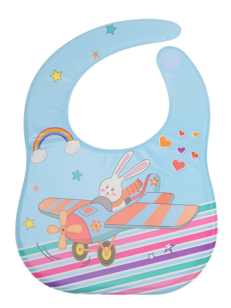  Close-up of the Yellow Bee Feeding Bib with Mat showing the colorful Flying Bunny design and quality details.