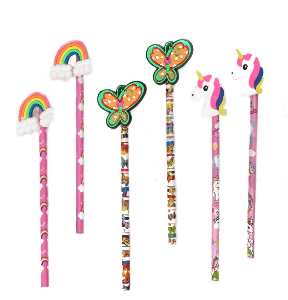 Front view of the colorful "Whimsy Write" pencils with charming toppers, revealing a world of fun and fantasy for girls.