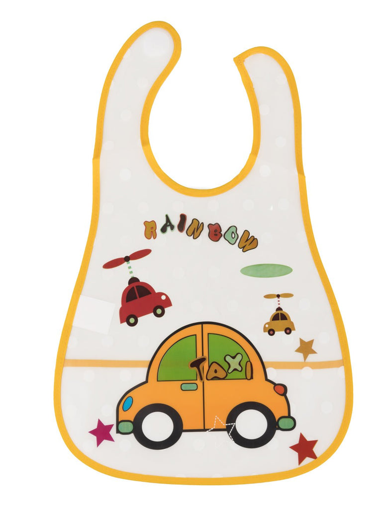 RainbowCar-ThemedWaterproofBabyBibwithCatch-AllPocketandHelicopterPrintFrontView