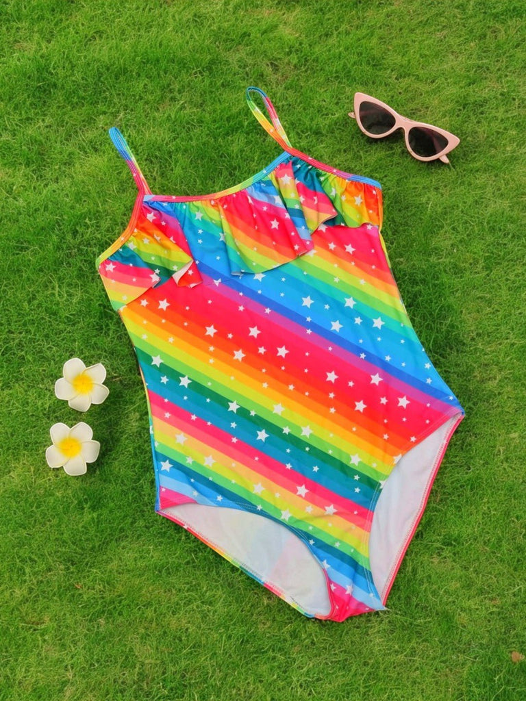 Rainbow One-Piece Swimsuit with Ruffle Neckline for Girls