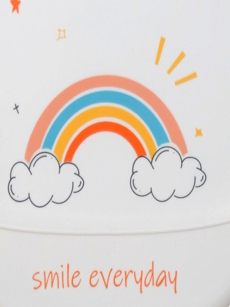 Close-up view of the rainbow design on Rainbow Smile Silicone Baby Bib for Girls