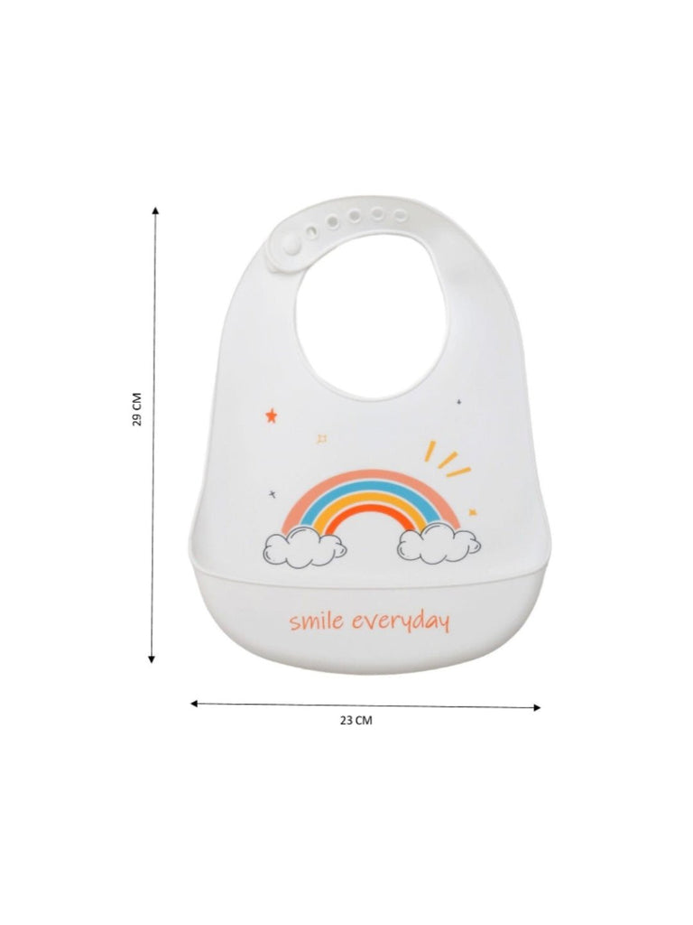 Size dimensions of the Rainbow Smile Waterproof Silicone Baby Bib for Girls by Yellow Bee