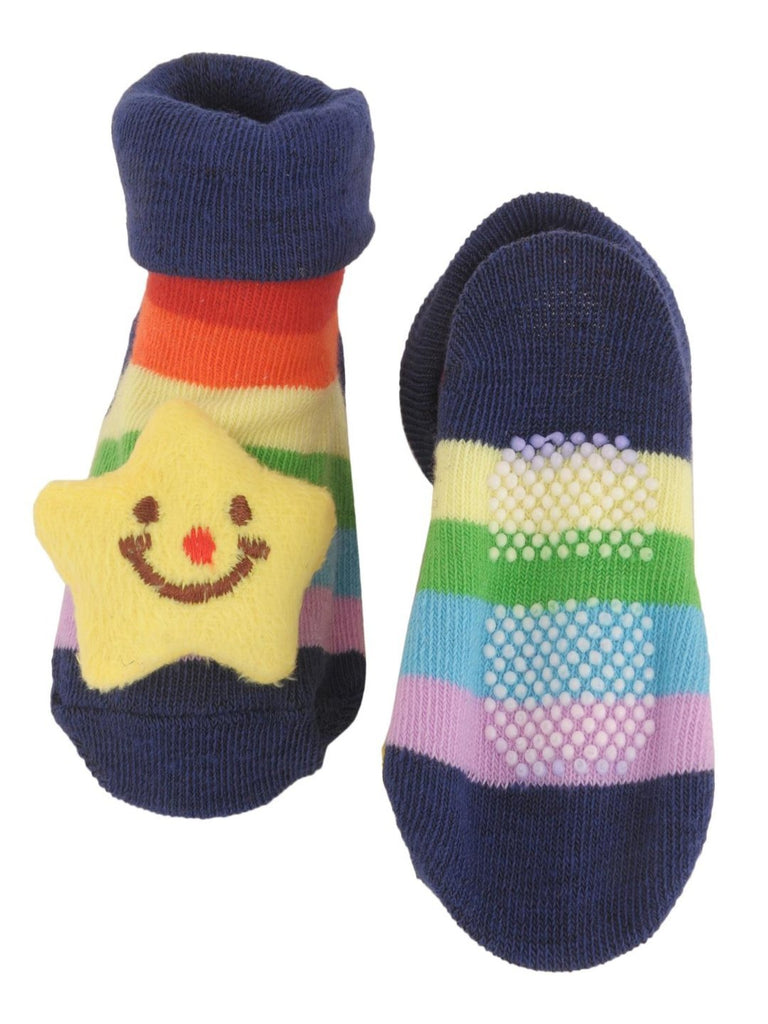 Rainbow Star Baby Socks with 3D Smiley Design Front & Back View - Yellow Bee