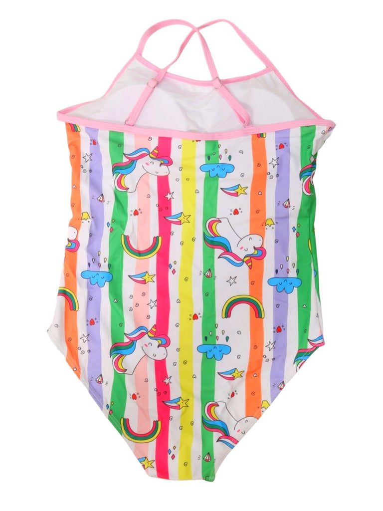 Rainbow Unicorn Print One-Piece Swimsuit with Pink Ruffle for Women-Back View