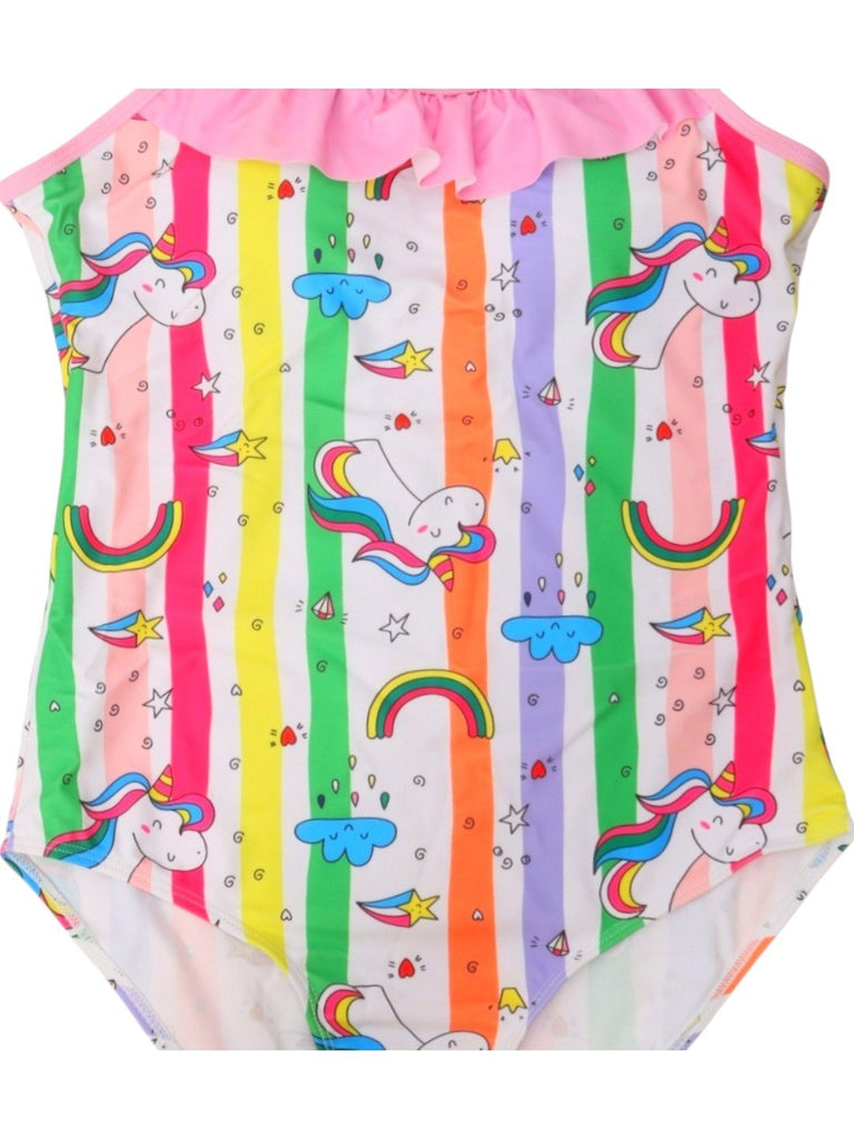 Rainbow Unicorn Print One-Piece Swimsuit with Pink Ruffle for Women-Close up view