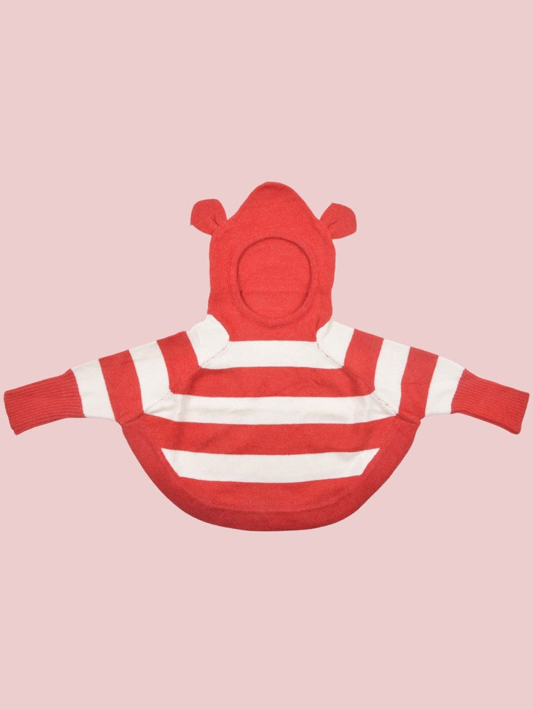 Front view of Red and White Striped Hooded Sweater with Bear Ears for Kids