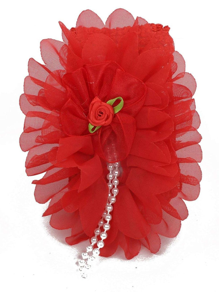 Close-up view of Yellow Bee red big ruffle flower infant hairband highlighting the delicate pearl detailing and layered flower design.