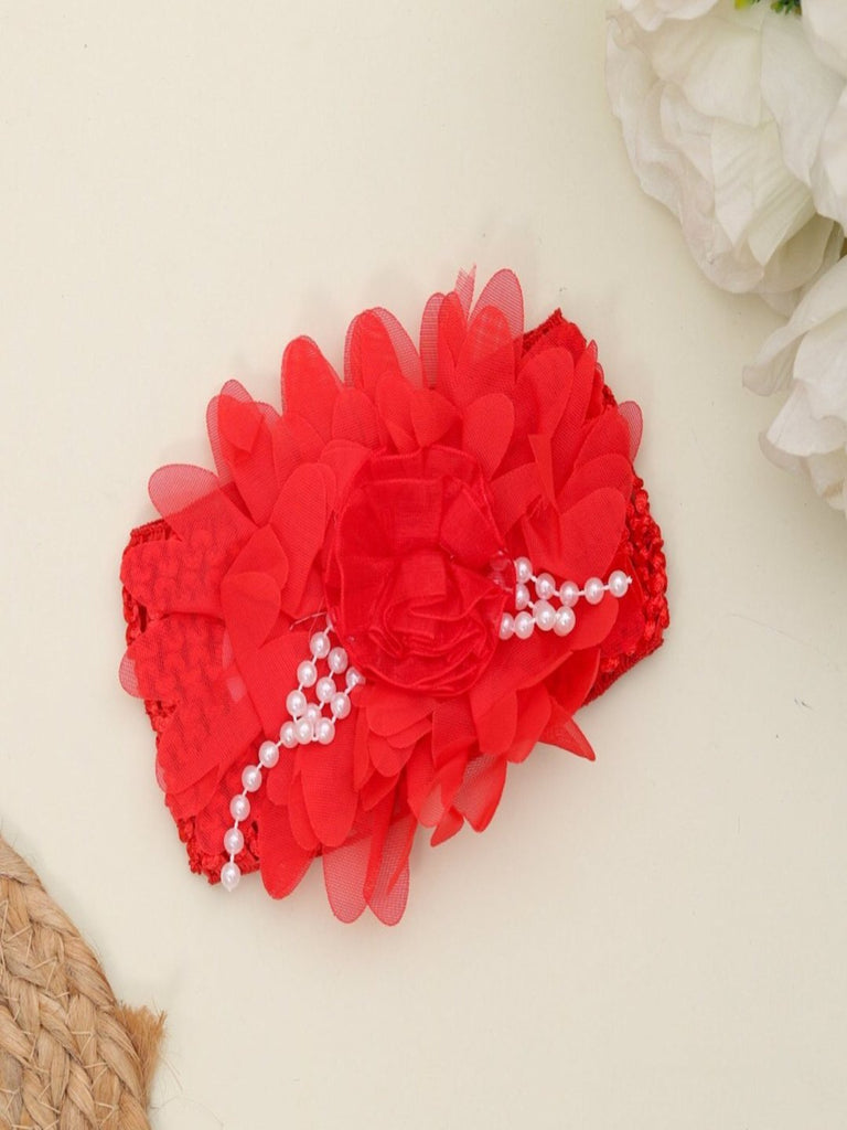 Creative view of Yellow Bee red big ruffle flower baby hairband with pearl detailing, showcasing the vibrant design.