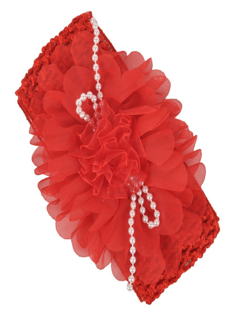 Full view of Yellow Bee red big ruffle flower baby hairband with pearls, showing the complete design.