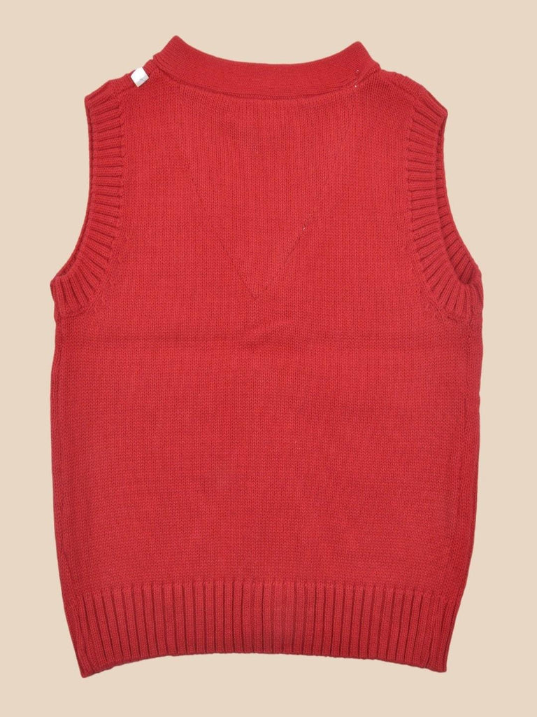 Back view of Red Knitted Sleeveless Cardigan with British Flag Patch for Boys