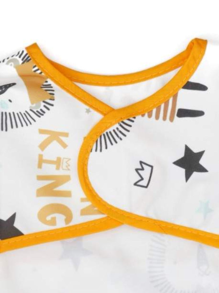 Features of Regal Lion King Long-Sleeve Baby Bib showing sleeve details and velcro closure