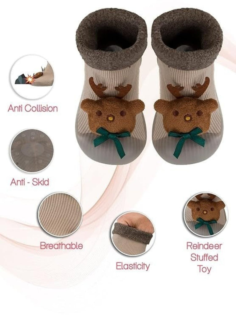 Front view of Yellow Bee Reindeer Stuffed Toy Anti-Skid Rubber Sole Shoe Socks for Boys