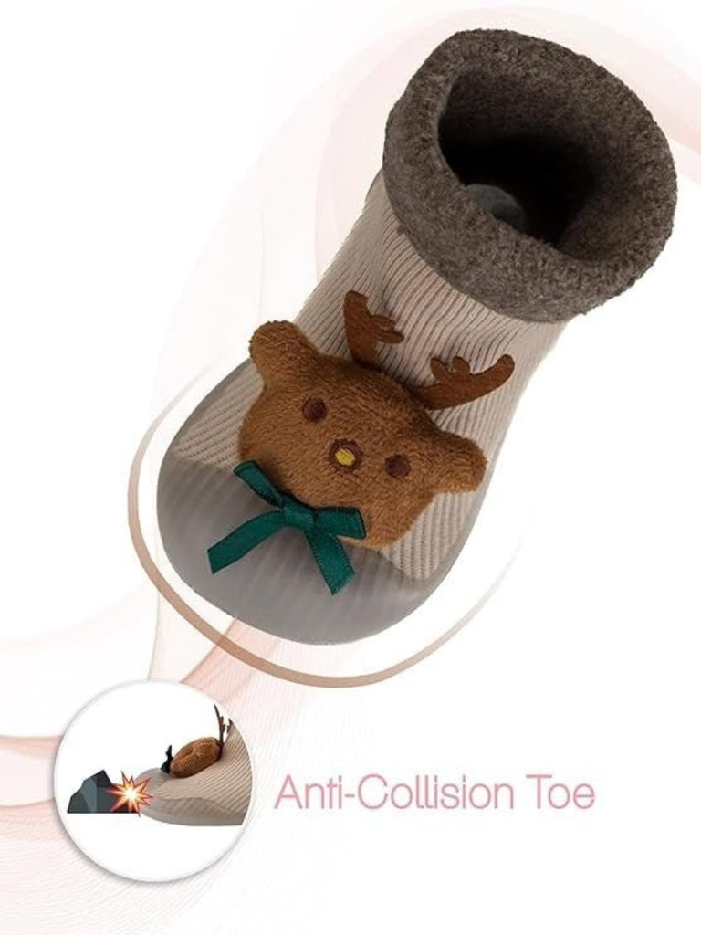 Anti-collision toe feature of Yellow Bee Reindeer Stuffed Toy Anti-Skid Rubber Sole Shoe Socks for Boys