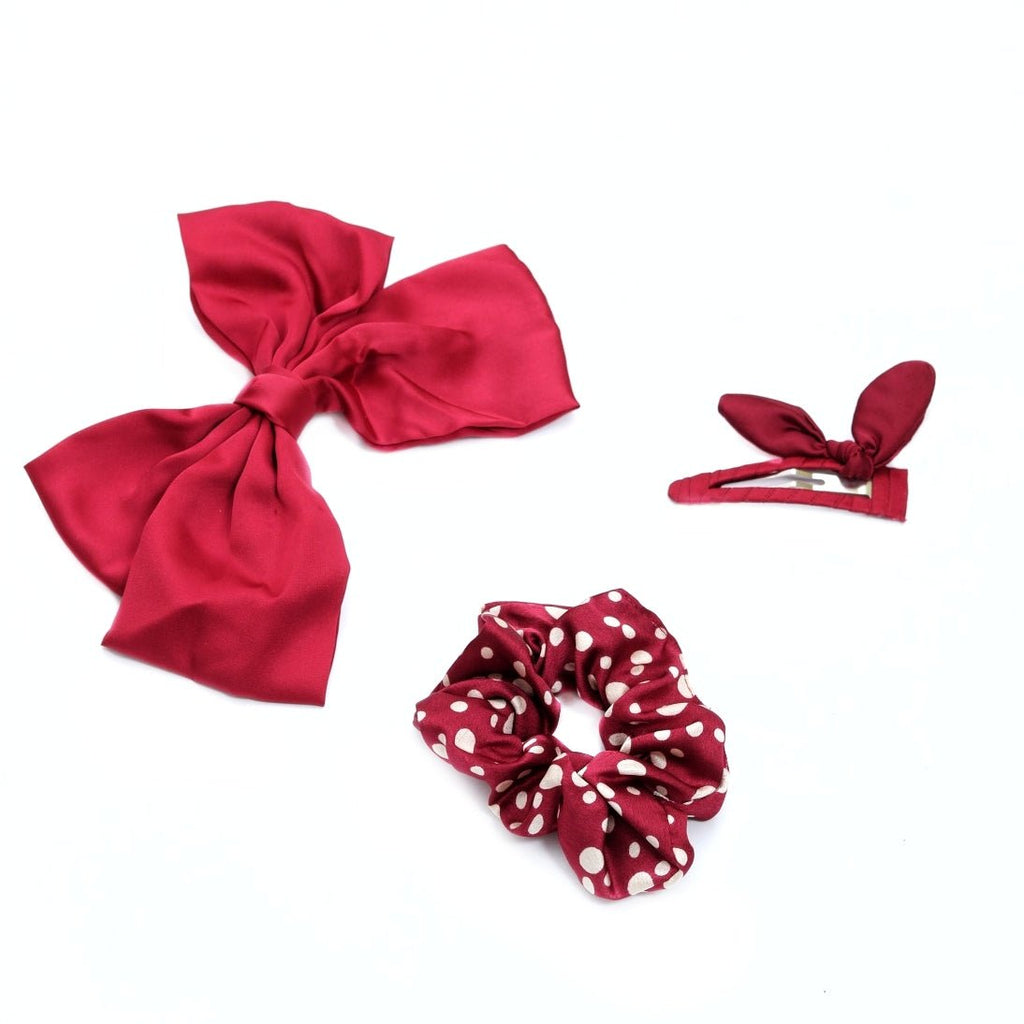 Stylish Red Embellished Hair Clip and Scrunchie Set by Yellow Bee for Girls