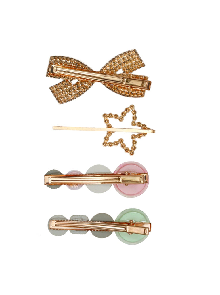 Enhance your hairstyle with Yellow Bee's multicolor acrylic hair clip set, featuring sparkling rhinestone and pearl embellishments.