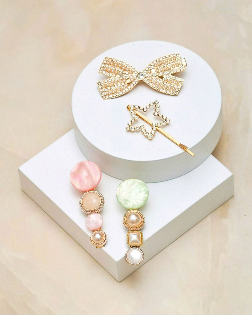 Elevate your wedding day hair with Yellow Bee's elegant bow and star hair clip pack, adorned with rhinestones and pearls.