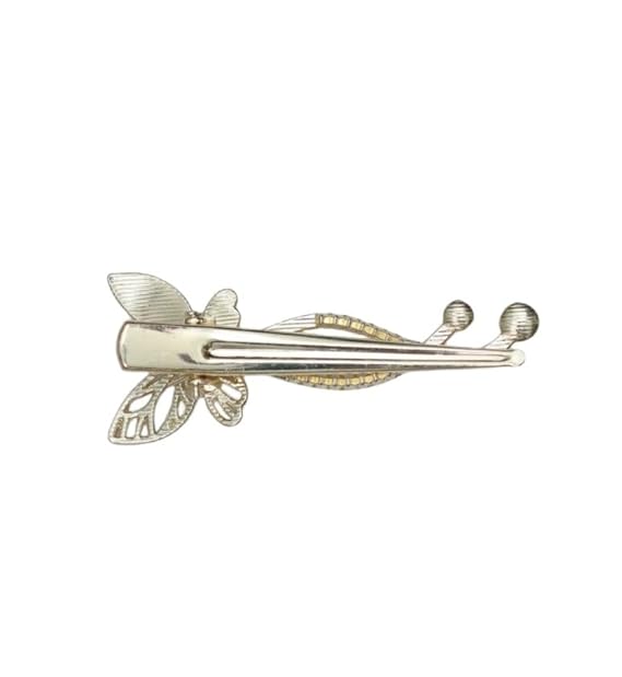Back View of Elegant butterfly hair pins, crafted with rhinestones and faux pearls by Yellow Bee in golden and white.