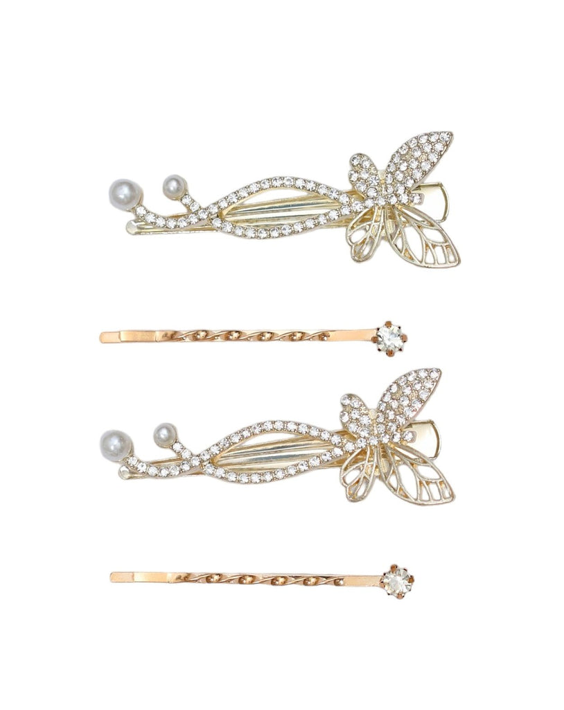 Golden and white butterfly hair pin collection from Yellow Bee, featuring rhinestones and faux pearls for a chic wedding look.
