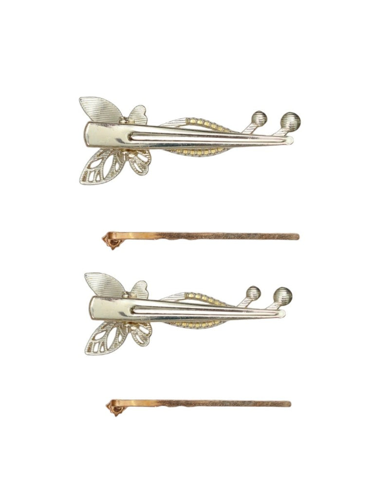 Wedding-ready elegant butterfly hair pins, crafted with rhinestones and faux pearls by Yellow Bee in golden and white.