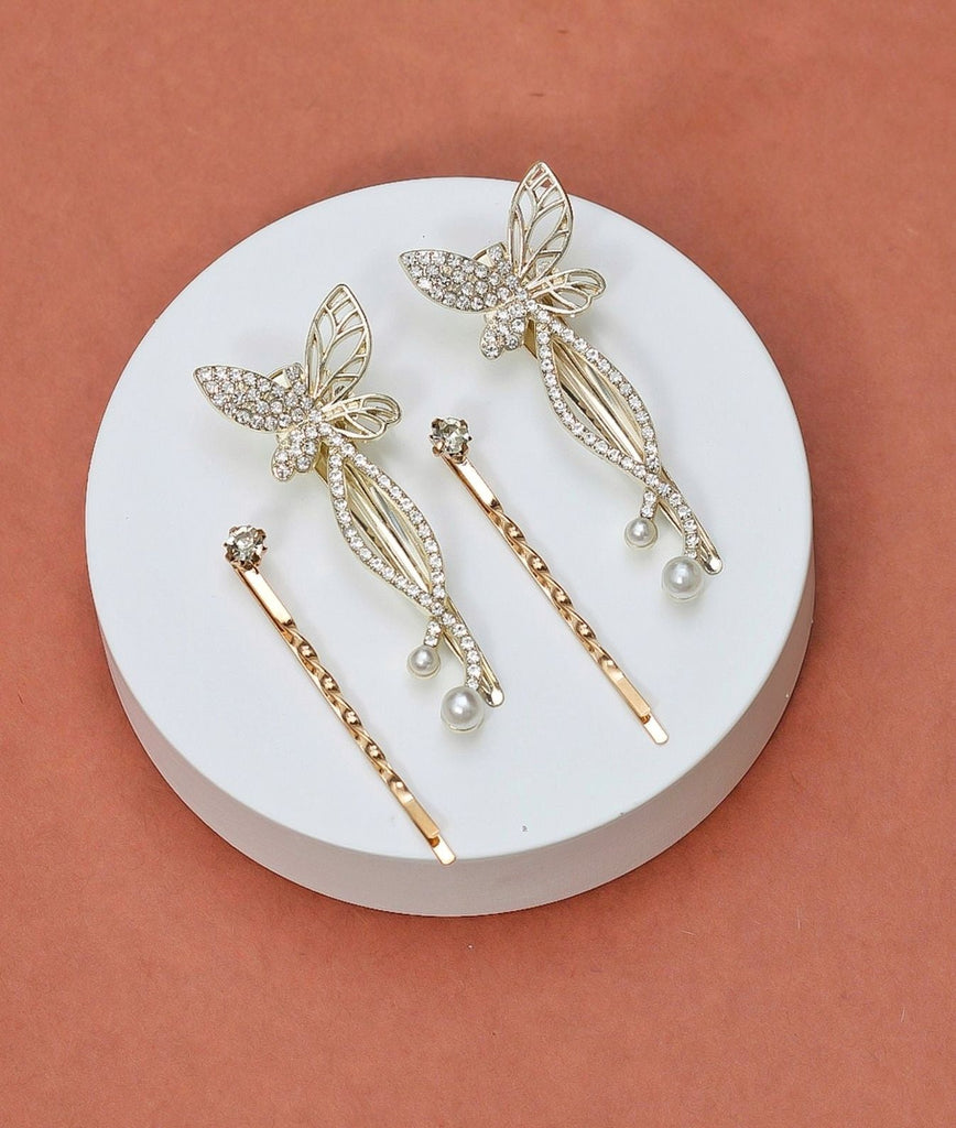Exquisite Yellow Bee 3D butterfly rhinestone hair pins set adorned with faux pearls, in elegant golden and white tones.