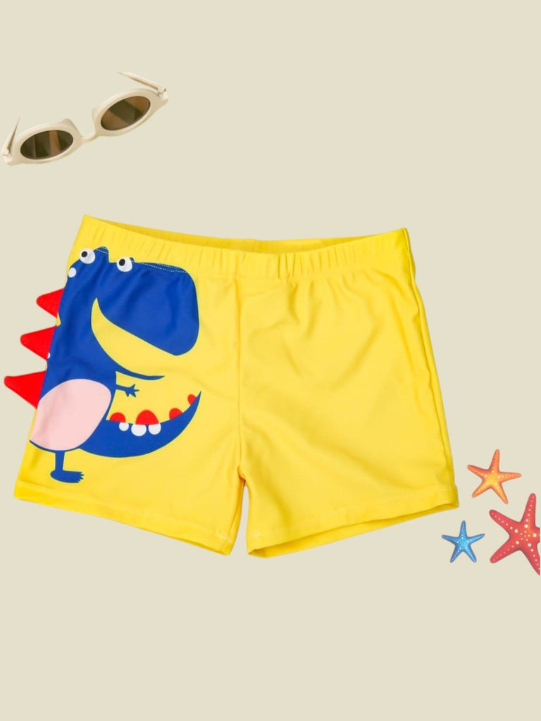 Roaring Waves! - Boys' Yellow Dino Swim Shorts with Playful Blue Dinosaur