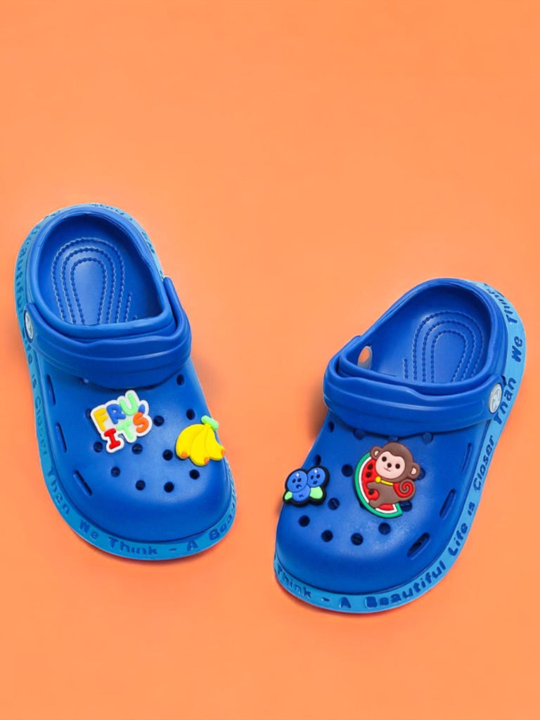 Royal Blue Kids' Clogs with Colorful Fruit and Monkey Design on Top and Comfortable Heel Strap.