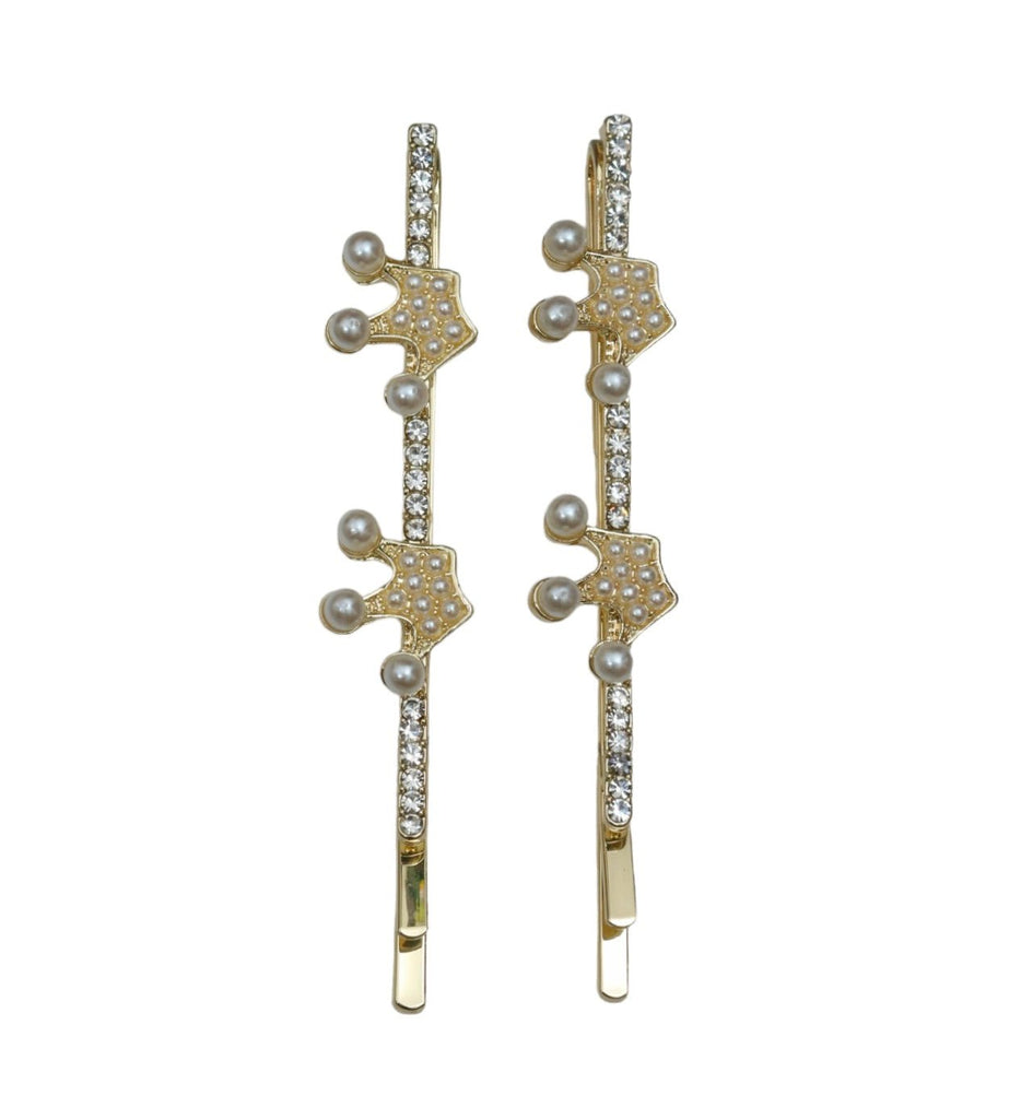 Isolated twin pack of Yellow Bee's golden and white embellished crown hair clips with faux pearls