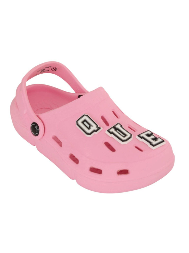 Royal Pink Clogs with “QUEEN” Letter & Gem Charms for Girls-Angle View