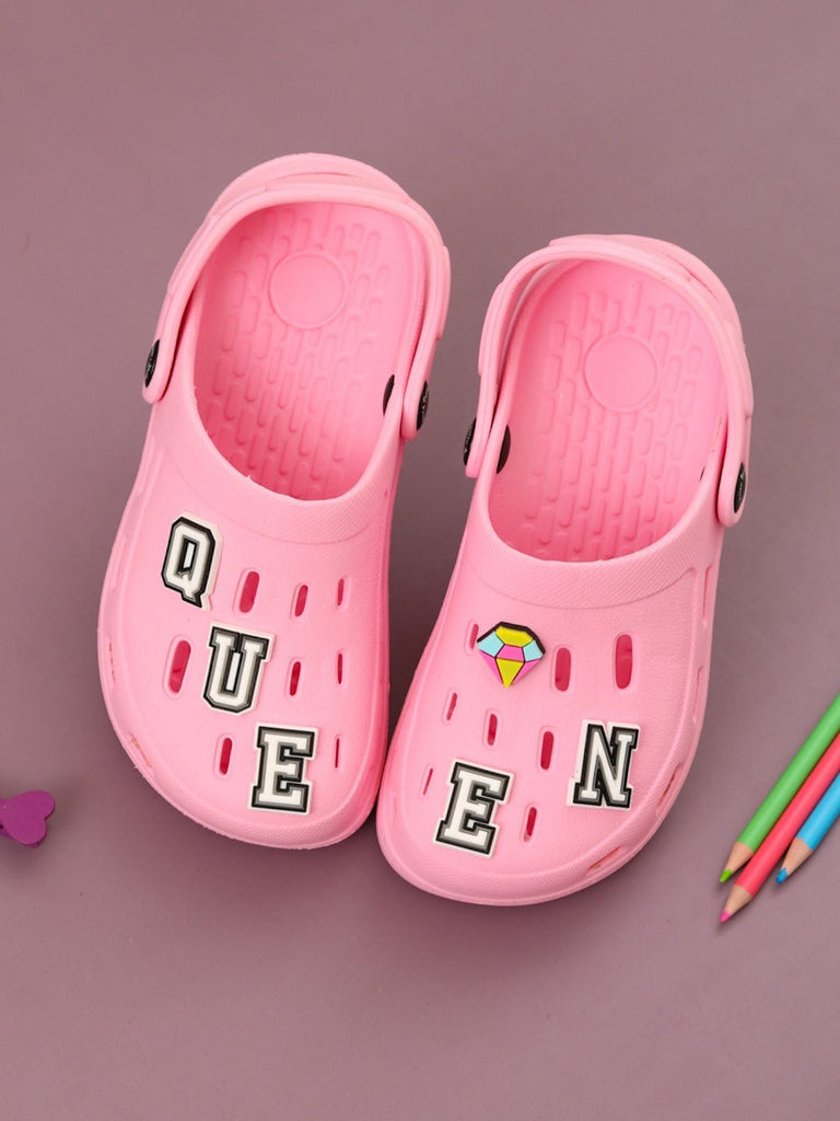Royal Pink Clogs with “QUEEN” Letter & Gem Charms for Girls-Creative View