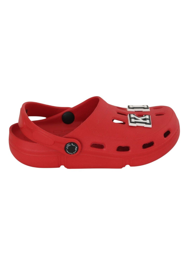 Royal Red Clogs with “KING” Letter Charms for Boys-Side View