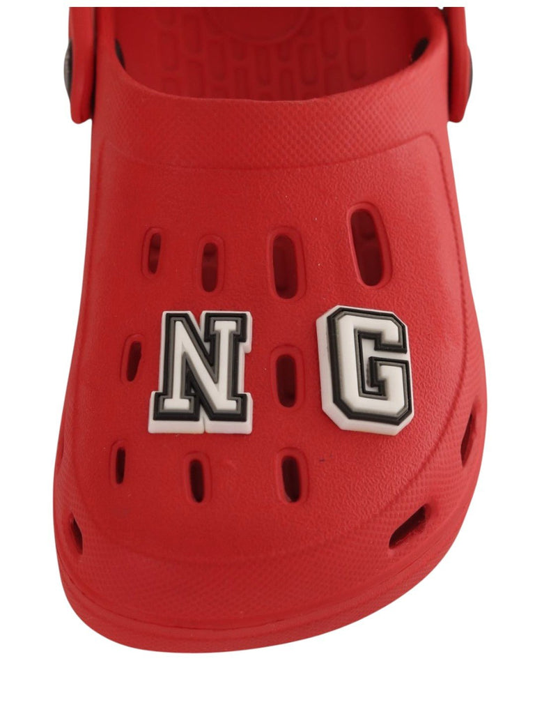 Royal Red Clogs with “KING” Letter Charms for Boys-Front View