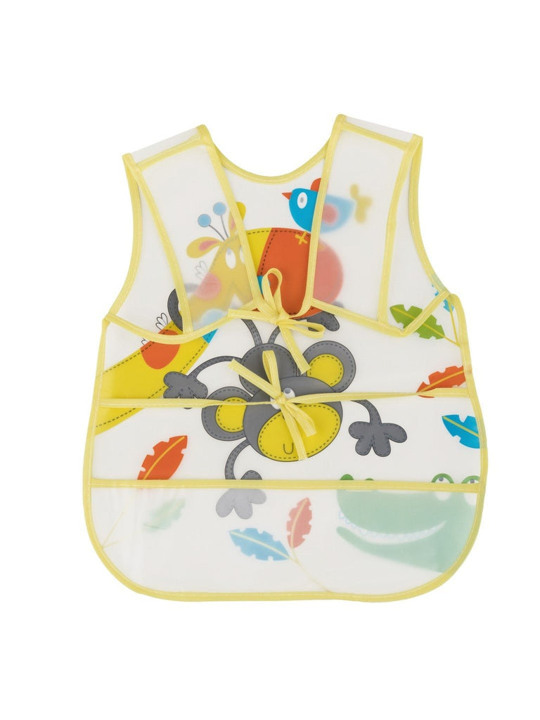 Back view of Fun Jungle Friends Waterproof Bib with Giraffe, Monkey, and Crocodile Print