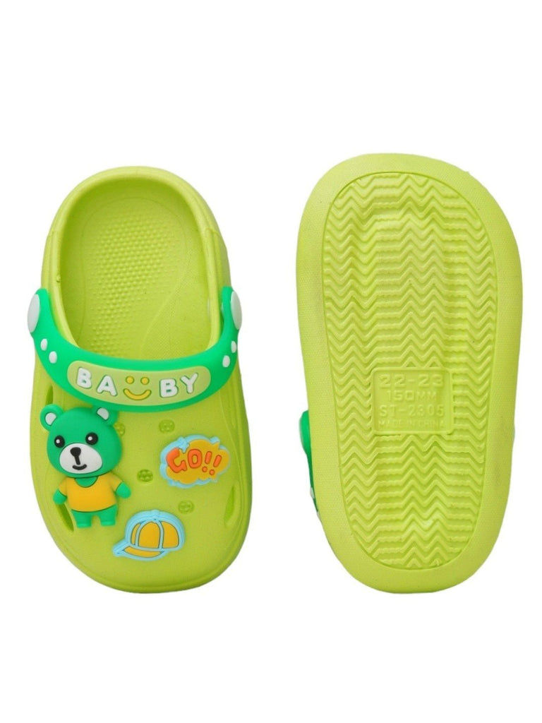 Top and bottom view of Yellow Bee Safari Fun Clogs for Boys, Green