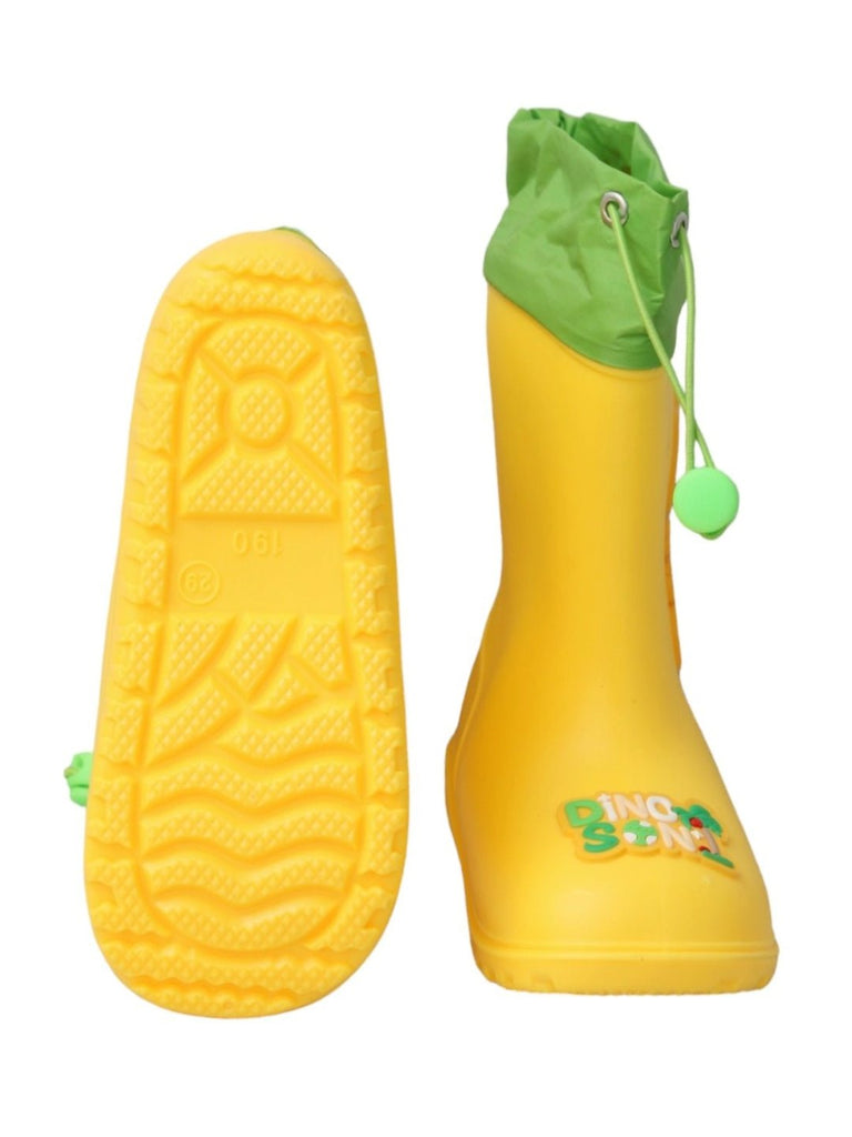 Front and back view of Safari Splash Yellow Dino Themed Rain Boots